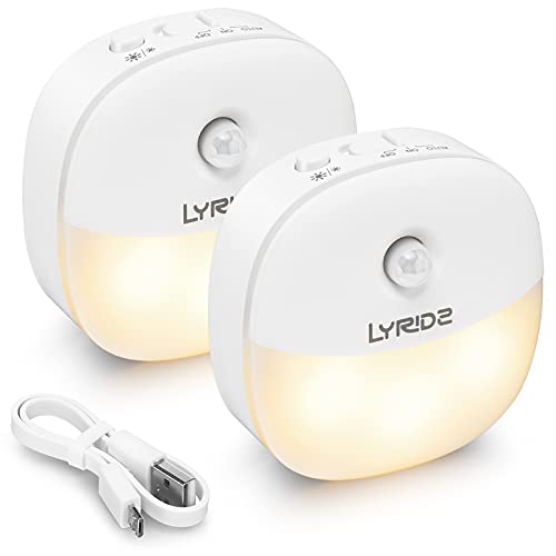LYRIDZ Rechargeable LED Night Light Adjustable Brightness Warm White nightlight for Kids Motion Sensor for Hallway, Kitchen, Bathroom, Bedroom, Stairs, Li-Polymer Battery, 2-Packs