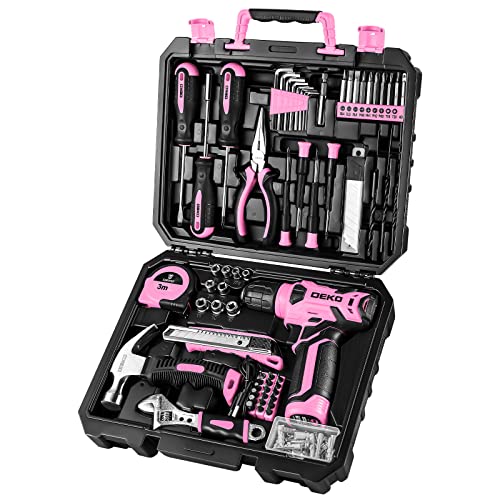 DEKOPRO Drill Set: Tool Set with 8V Pink Cordless Drill, Home Tool Kit with Drill, DIY Hand Tool Kits for Women Garden Office House Repair 126 Piece