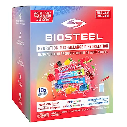 BIOSTEEL Zero Sugar Sports Hydration Mix Variety - Berry, Rainbow Twist & Blue Raspberry Flavours, 30 Packets