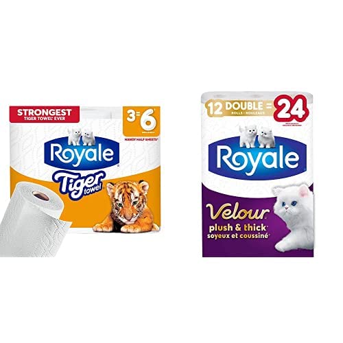 Royale Tiger Strong Paper Towel, 3 Double Equal 6 Rolls, 98 Half Sheets per Roll & Royale Velour Plush & Thick, 12 Double Rolls Equivalent to 24 Rolls - 2 ply - 142 Sheets per roll