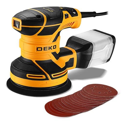 DEKOPRO Random Orbit Sander 2.5A with 16Pcs Sandpapers, 6 Variable Speed 14000RPM Electric Sander, 5 Inches Hand Sander Tool, High Performance Dust Collection System, Fit for Woodworking/Sanding