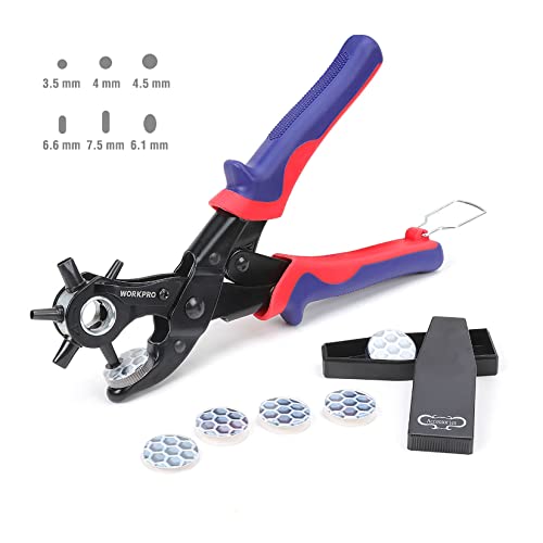 WORKPRO Leather Hole Punch, Belt Hole Puncher with 6 Multi-Hole Sizes, Revolving Heavy Duty Punch Plier for Leather, Belts, Crafts, Card, Rubber